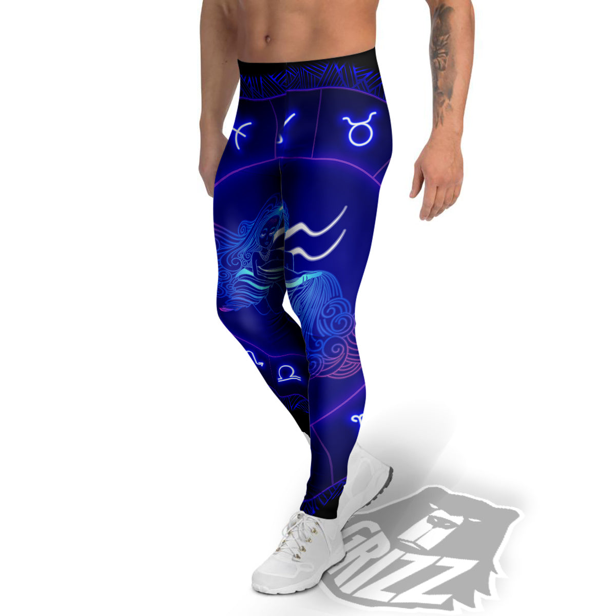 Zodiac Sign Dark Aquarius Print Men's Leggings-grizzshop