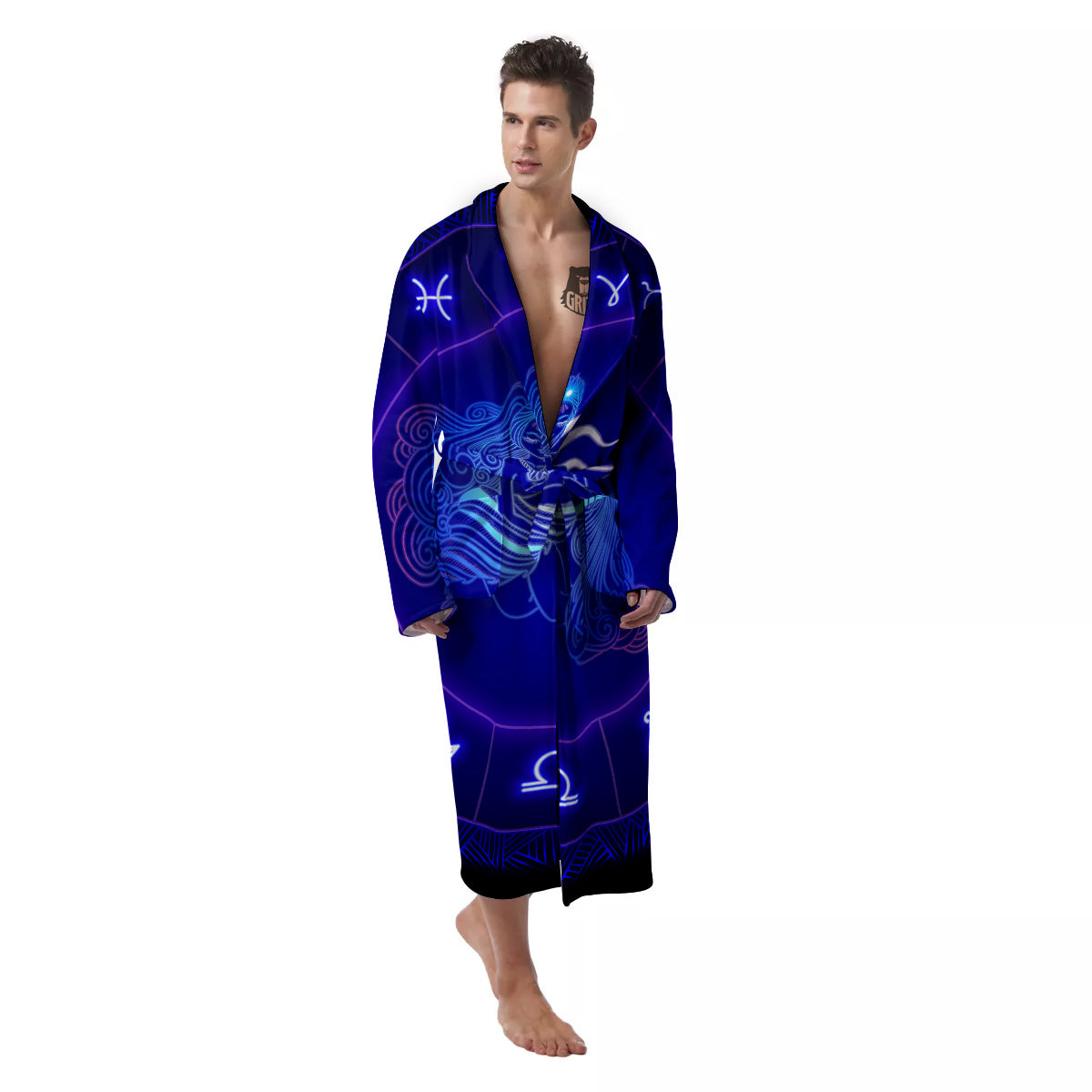 Zodiac Sign Dark Aquarius Print Men's Robe-grizzshop