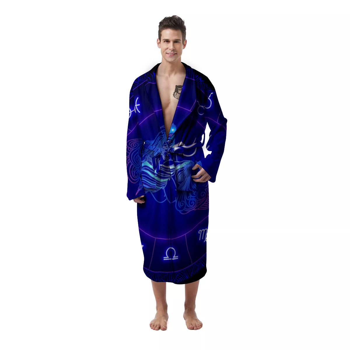 Zodiac Sign Dark Aquarius Print Men's Robe-grizzshop