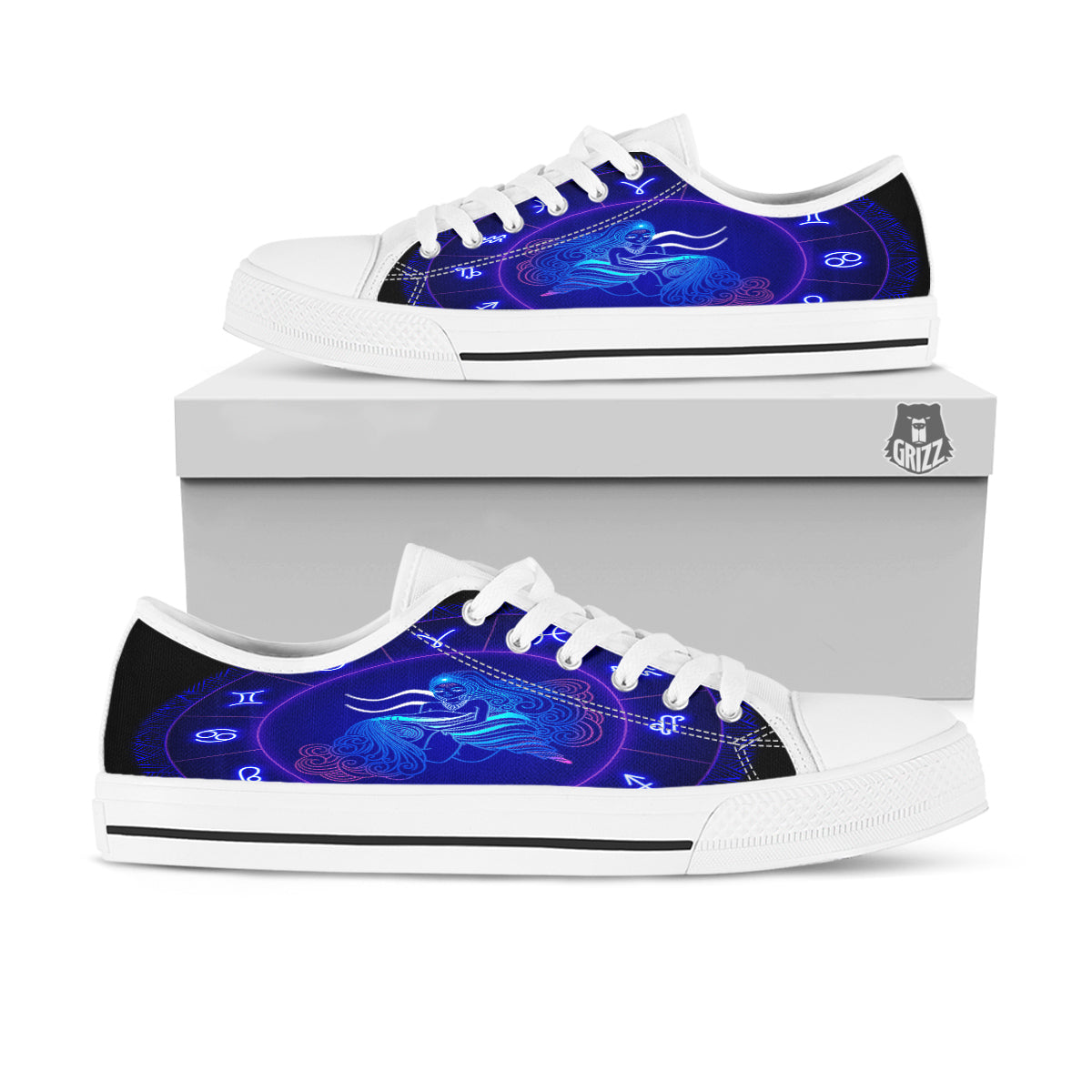 Zodiac Sign Dark Aquarius Print White Low Top Shoes-grizzshop