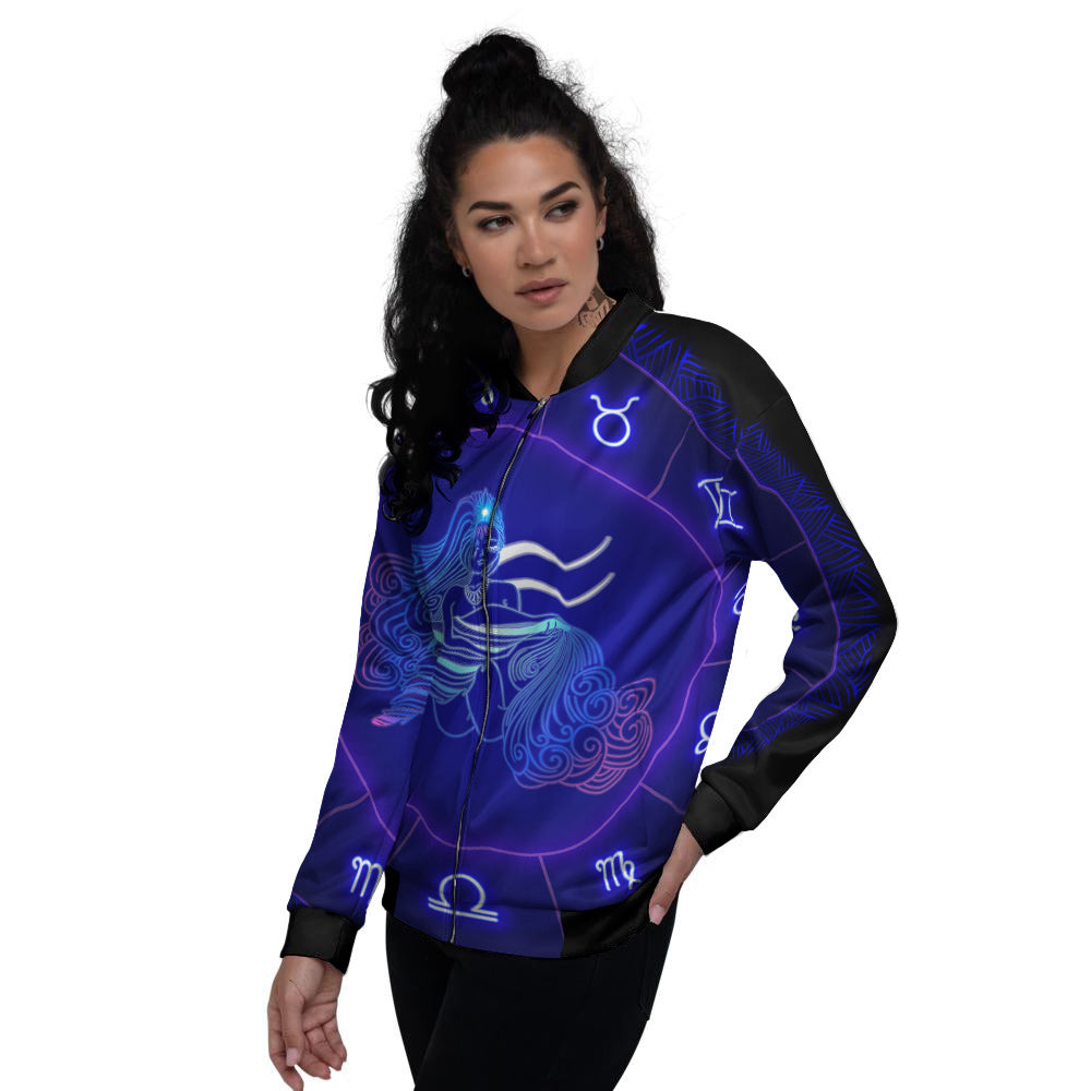 Zodiac Sign Dark Aquarius Print Women's Bomber Jacket-grizzshop