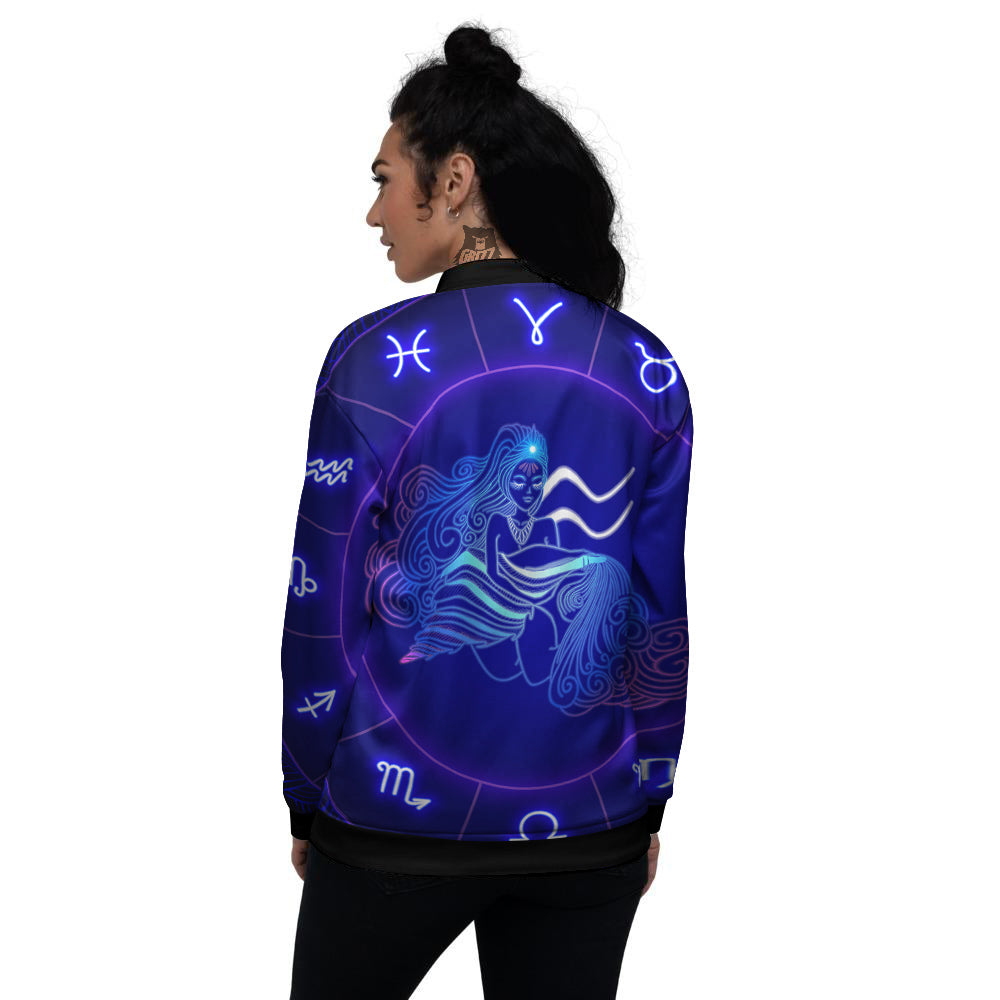 Zodiac Sign Dark Aquarius Print Women's Bomber Jacket-grizzshop