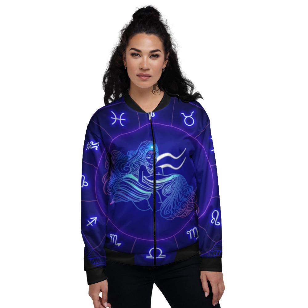 Zodiac Sign Dark Aquarius Print Women's Bomber Jacket-grizzshop