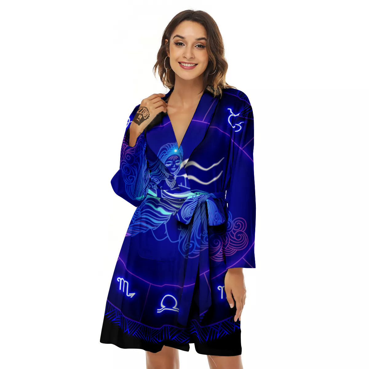 Zodiac Sign Dark Aquarius Print Women's Robe-grizzshop