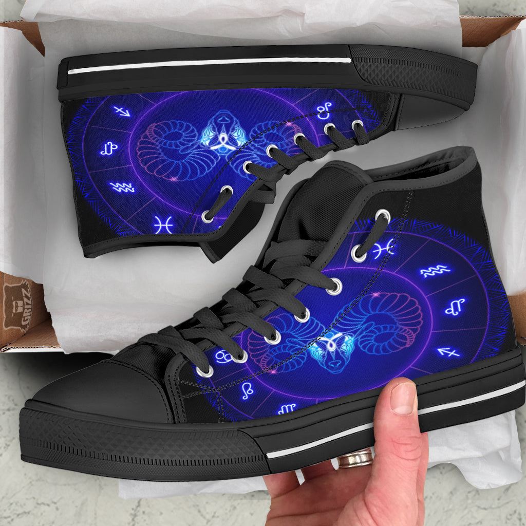 Zodiac Sign Dark Aries Print Black High Top Shoes-grizzshop