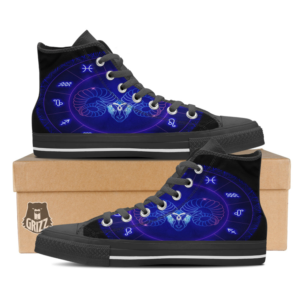 Zodiac Sign Dark Aries Print Black High Top Shoes-grizzshop