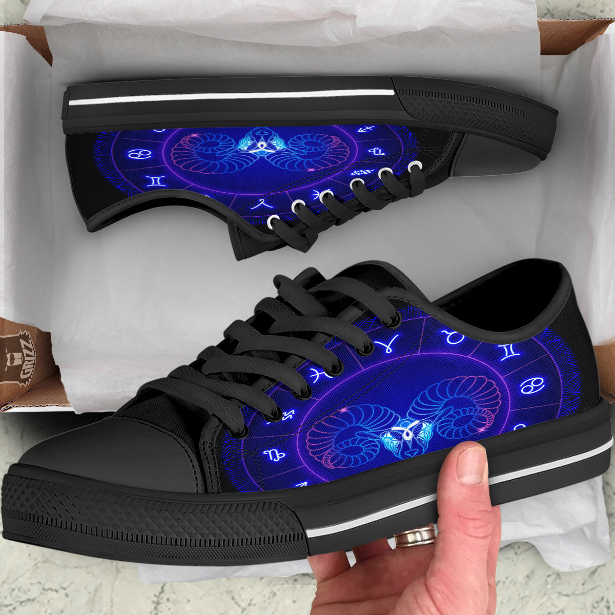 Zodiac Sign Dark Aries Print Black Low Top Shoes-grizzshop