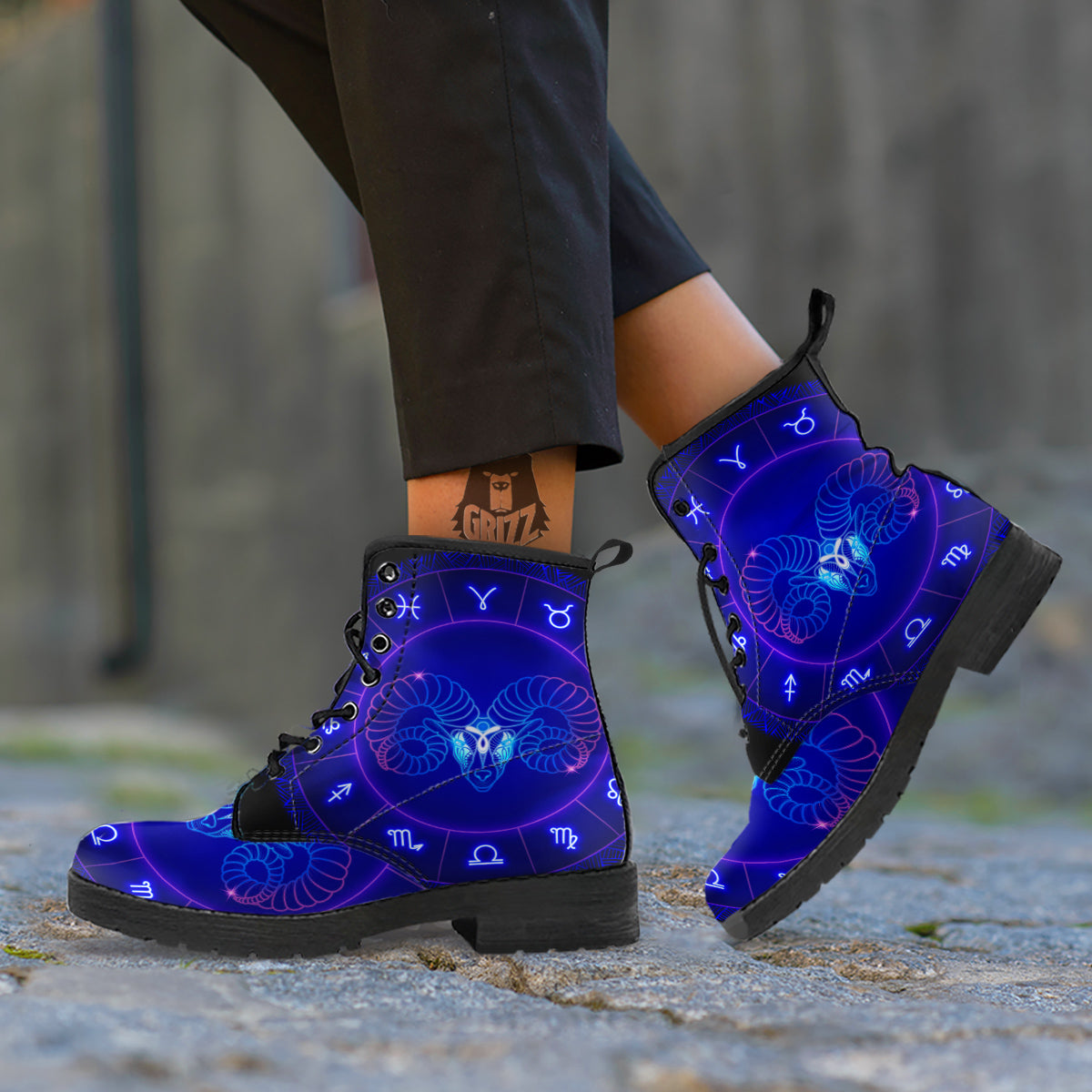 Zodiac Sign Dark Aries Print Leather Boots-grizzshop