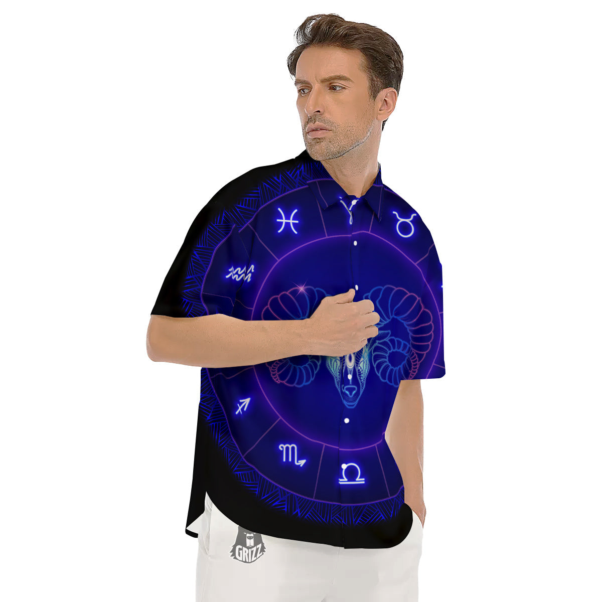 Zodiac Sign Dark Aries Print Men's Short Sleeve Shirts-grizzshop