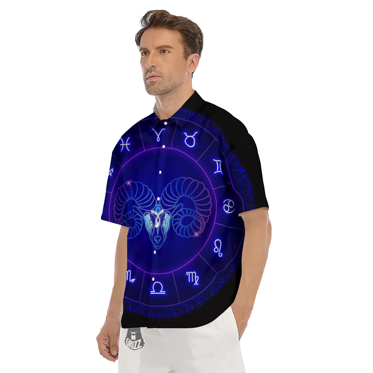 Zodiac Sign Dark Aries Print Men's Short Sleeve Shirts-grizzshop