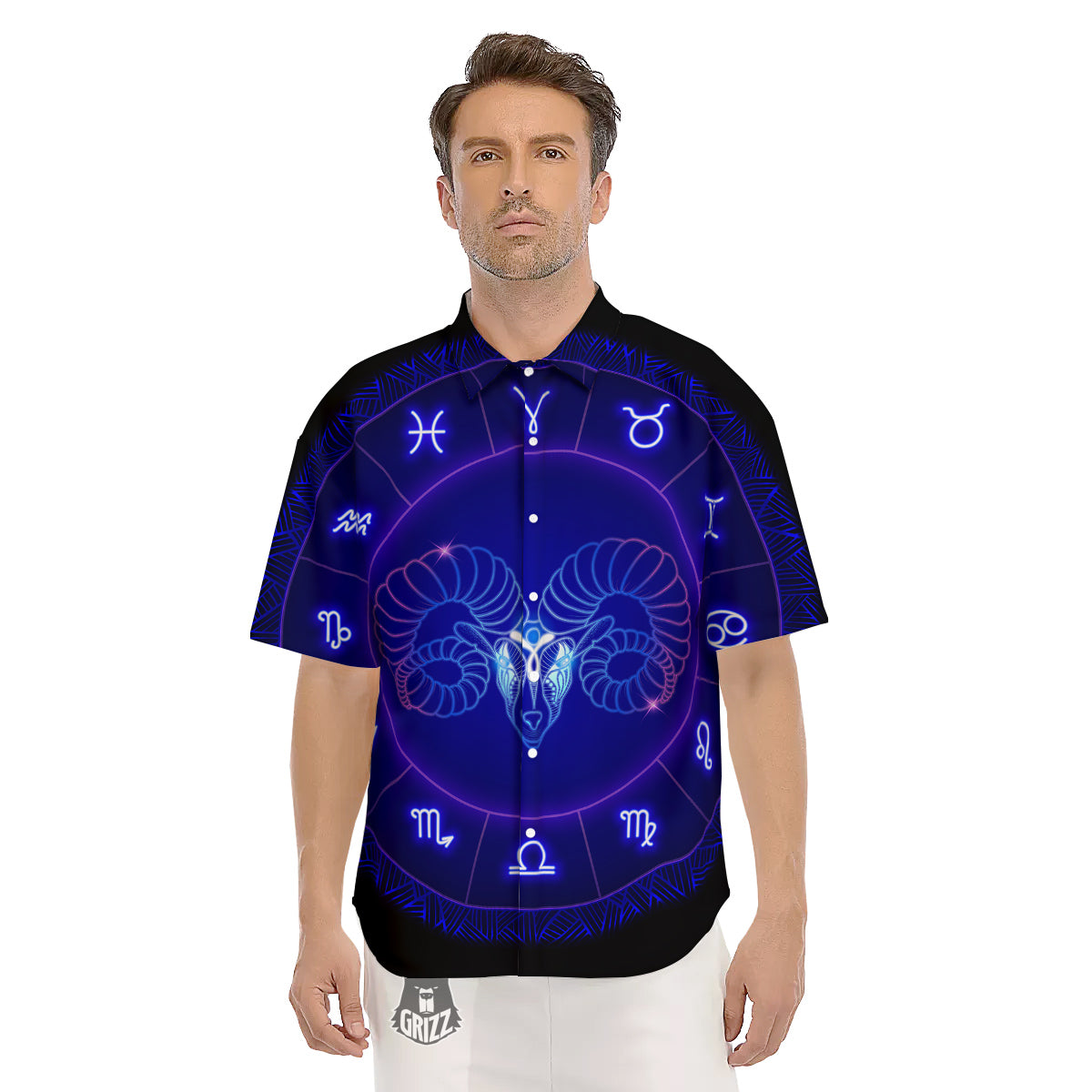 Zodiac Sign Dark Aries Print Men's Short Sleeve Shirts-grizzshop