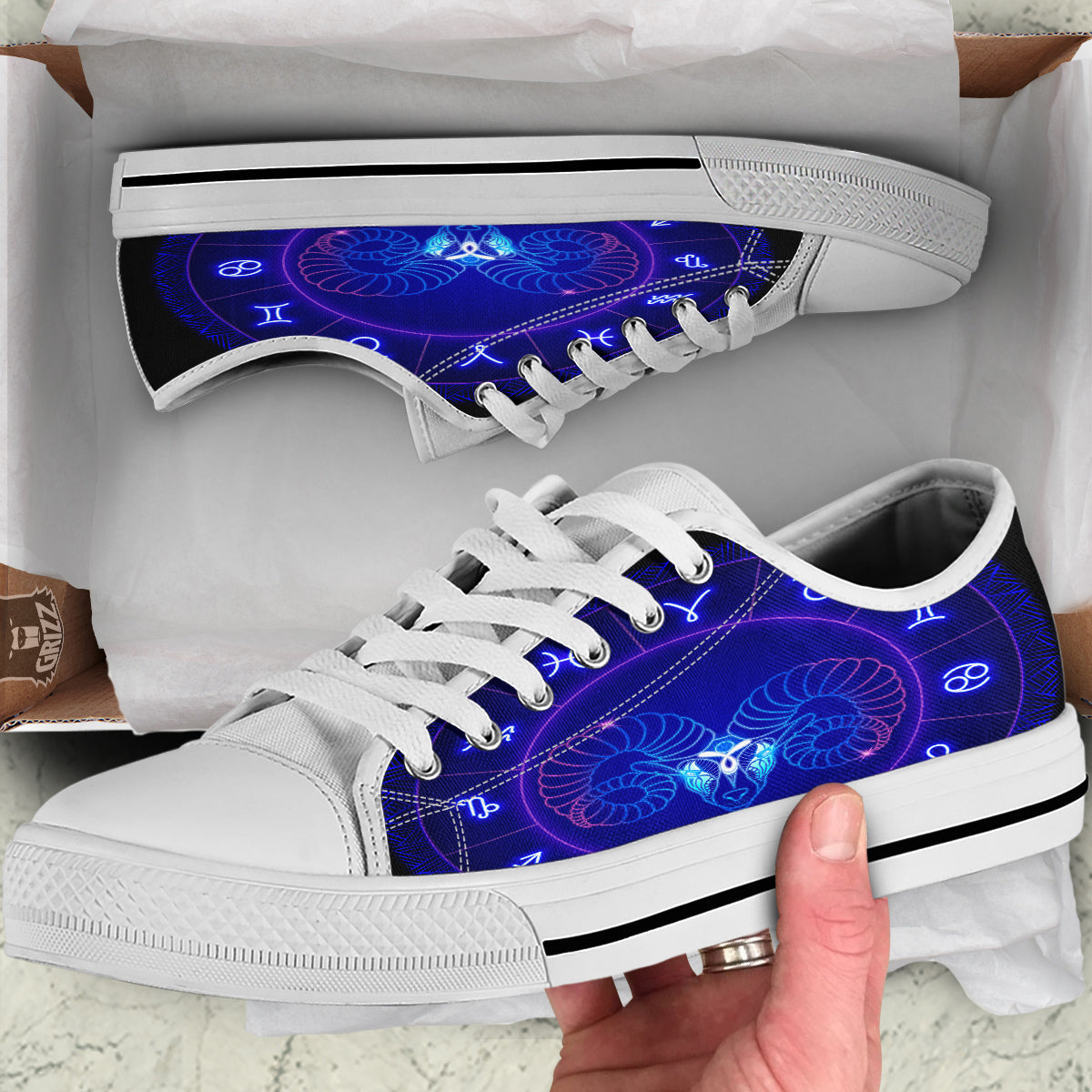 Zodiac Sign Dark Aries Print White Low Top Shoes-grizzshop