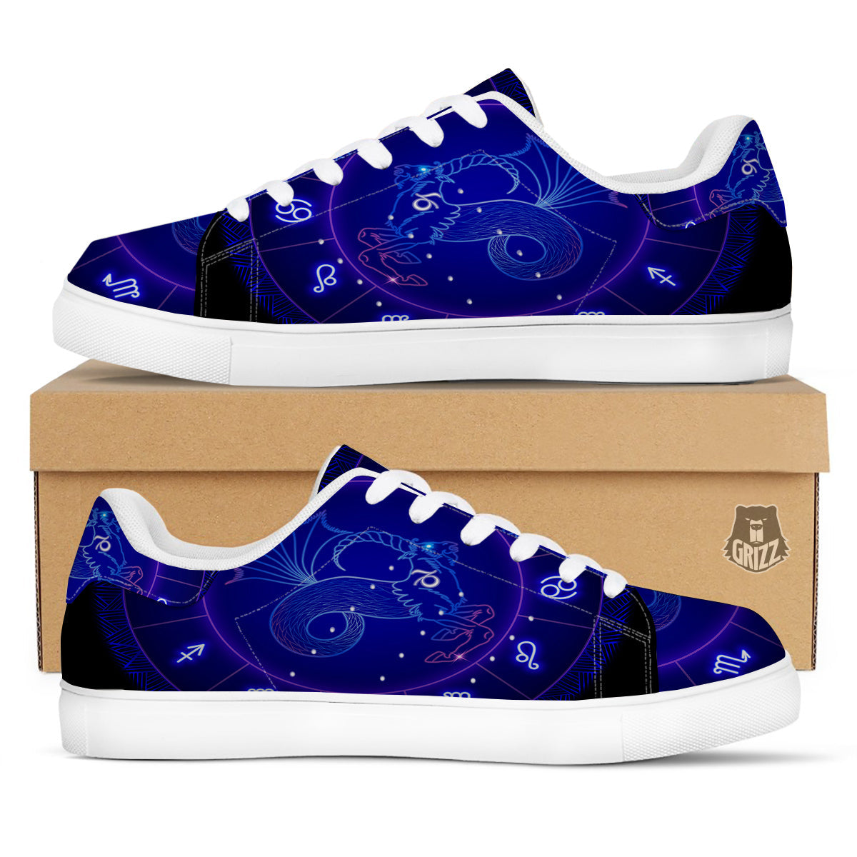 Zodiac Sign Dark Capricorn Print White Low Top Sneakers-grizzshop