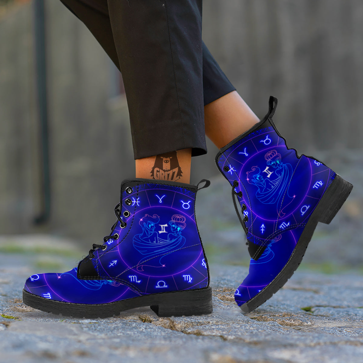 Zodiac Sign Dark Gemini Print Leather Boots-grizzshop