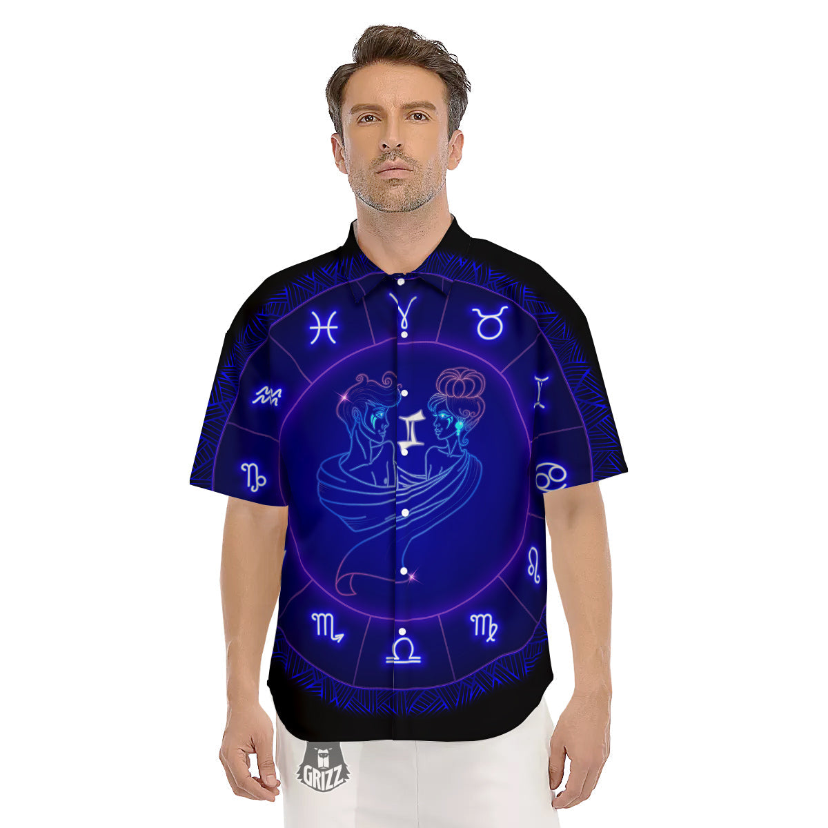 Zodiac Sign Dark Gemini Print Men's Short Sleeve Shirts-grizzshop