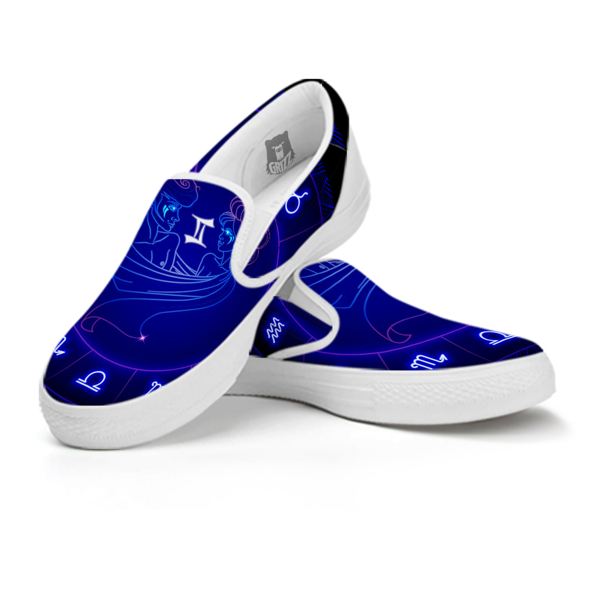 Zodiac Sign Dark Gemini Print White Slip On Shoes-grizzshop
