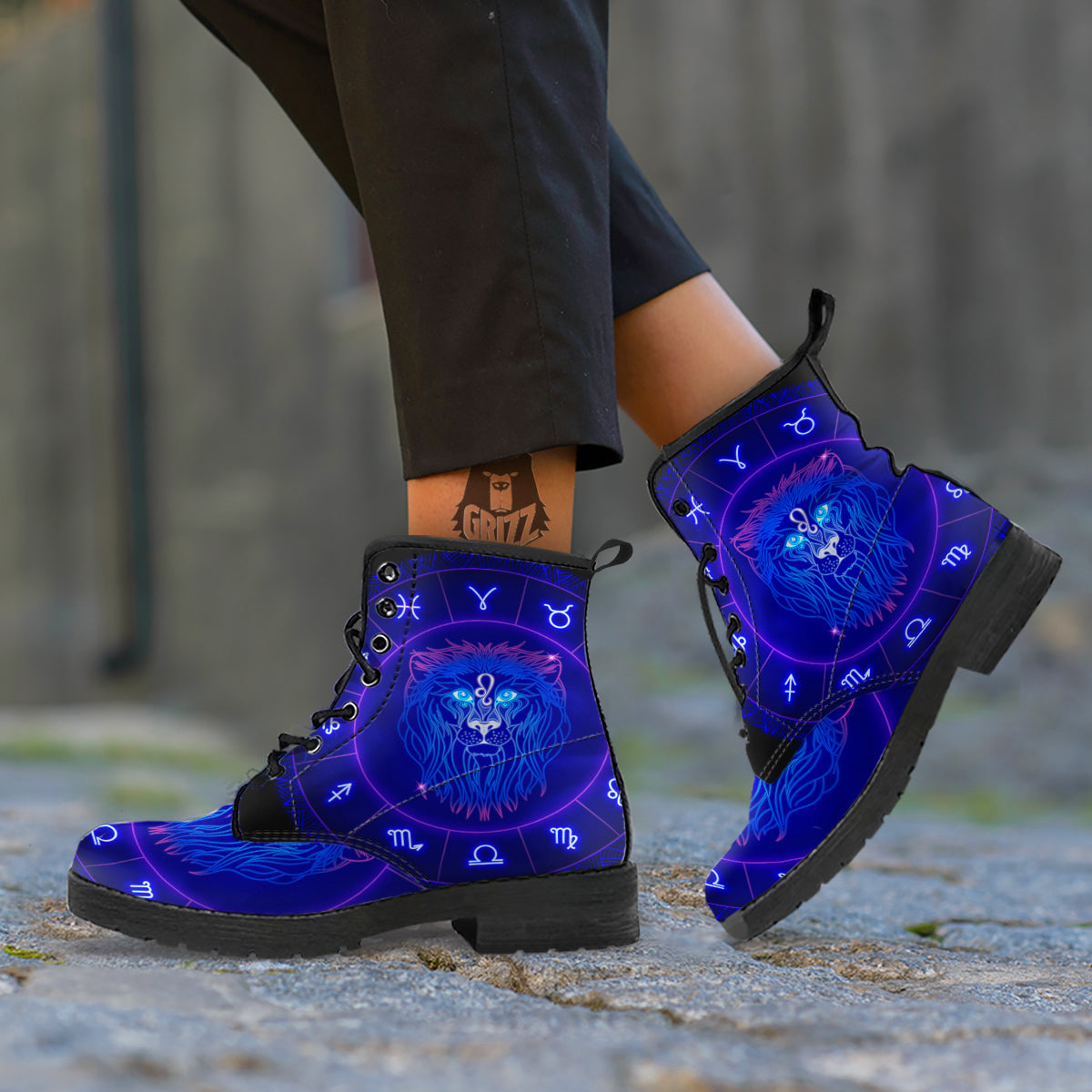 Zodiac Sign Dark Leo Print Leather Boots-grizzshop