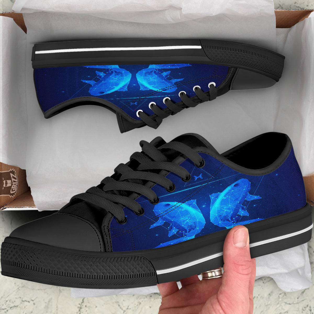 Zodiac Sign Dark Pisces Print Black Low Top Shoes-grizzshop