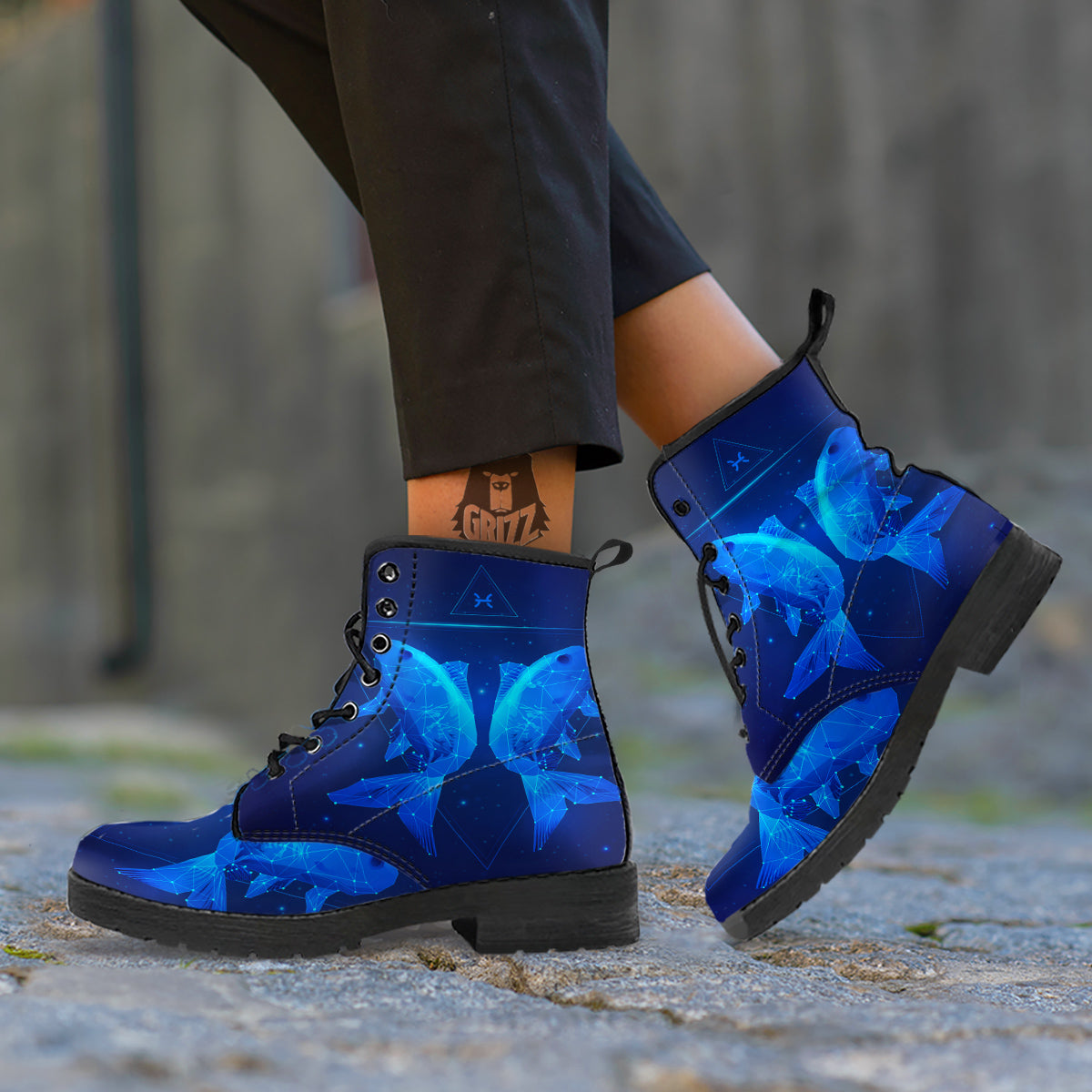 Zodiac Sign Dark Pisces Print Leather Boots-grizzshop