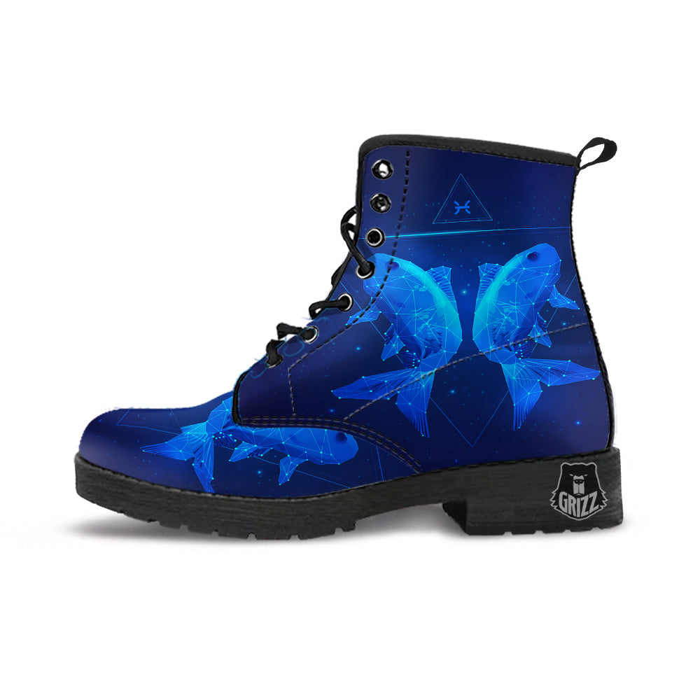 Zodiac Sign Dark Pisces Print Leather Boots-grizzshop