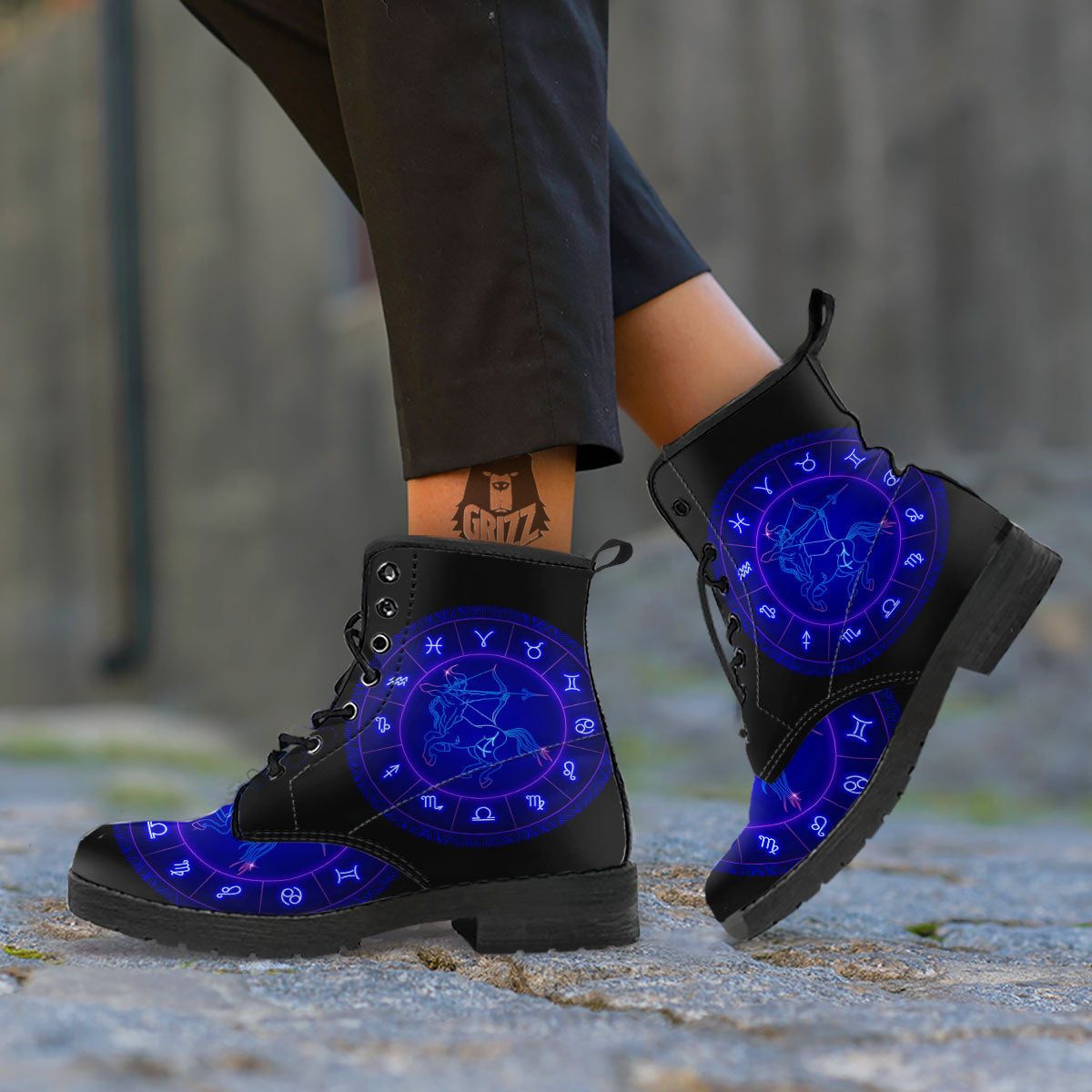 Zodiac Sign Dark Sagittarius Print Leather Boots-grizzshop