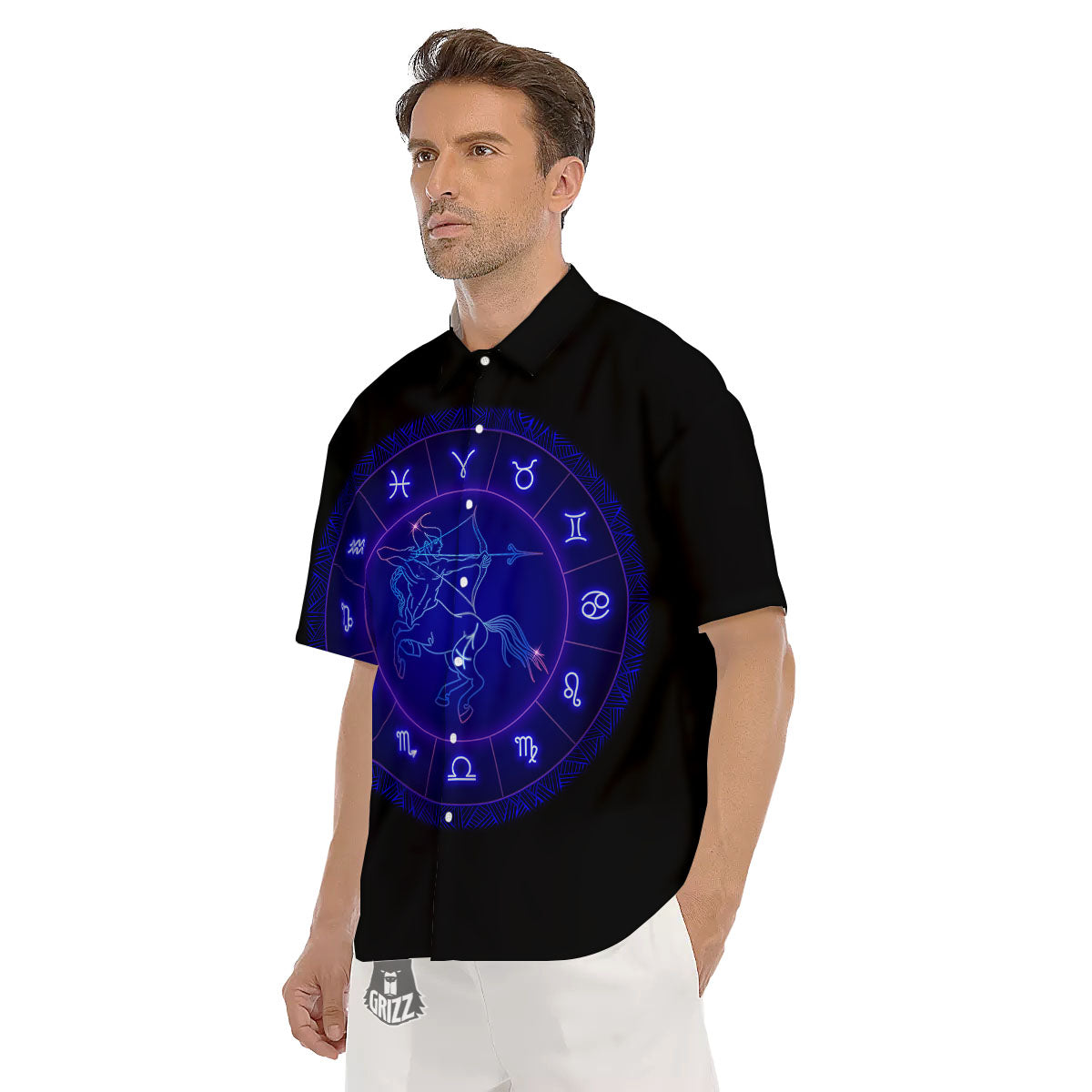 Zodiac Sign Dark Sagittarius Print Men's Short Sleeve Shirts-grizzshop