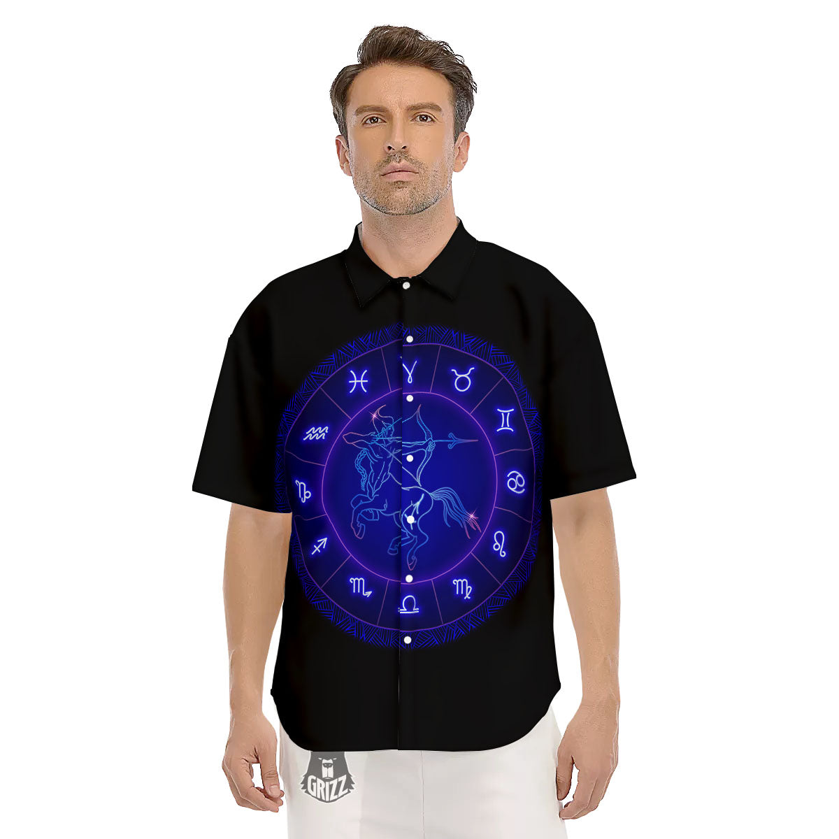 Zodiac Sign Dark Sagittarius Print Men's Short Sleeve Shirts-grizzshop