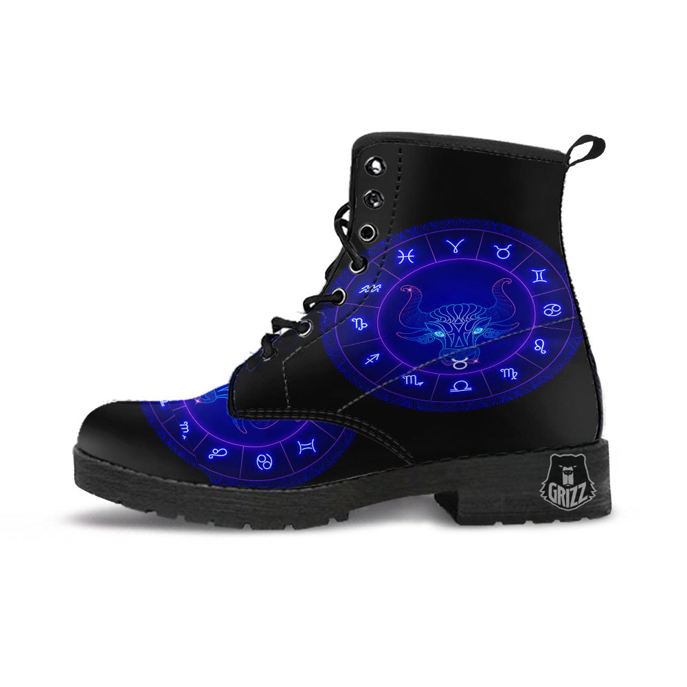 Zodiac Sign Dark Taurus Print Leather Boots-grizzshop