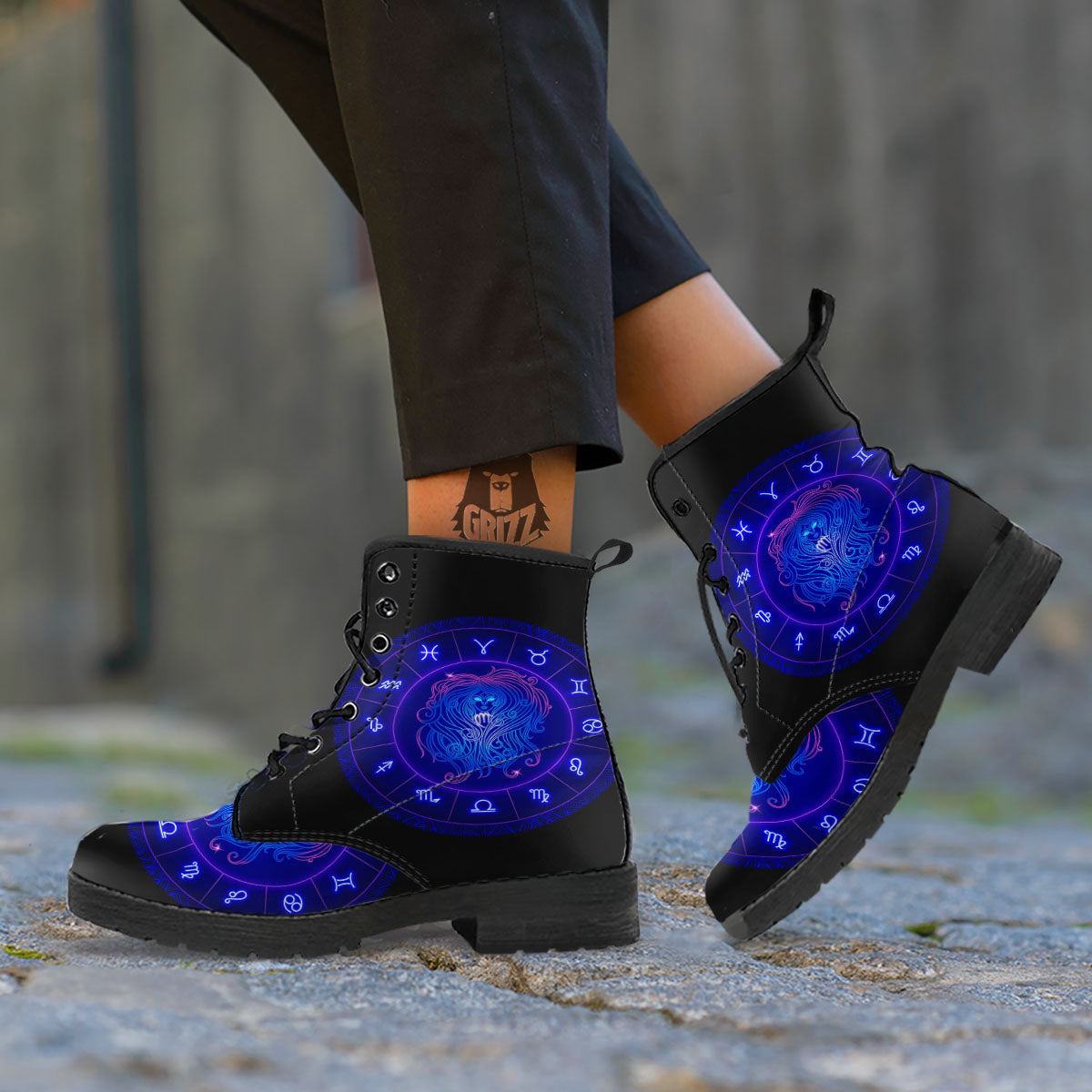 Zodiac Sign Dark Virgo Print Leather Boots-grizzshop