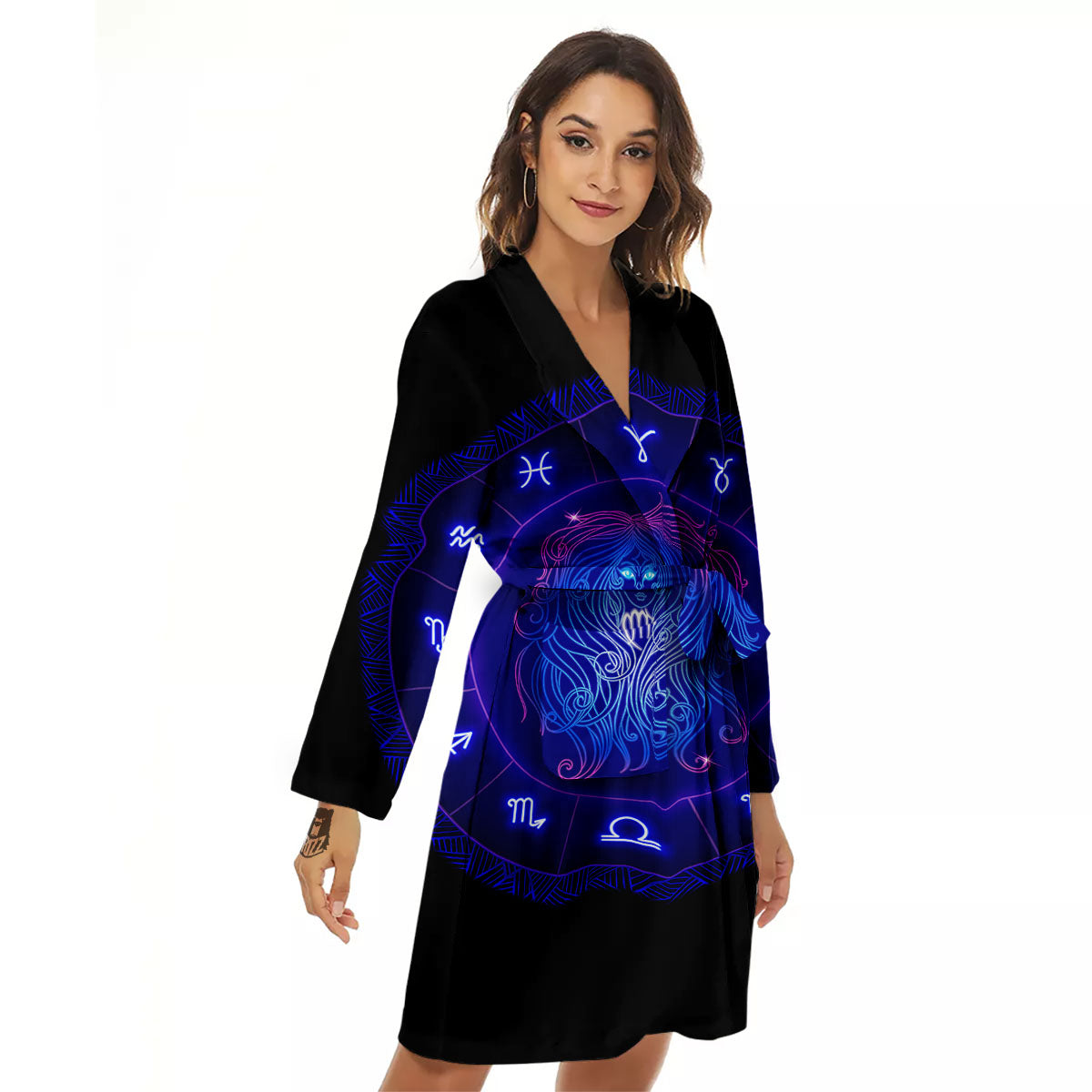 Zodiac Sign Dark Virgo Print Women's Robe-grizzshop