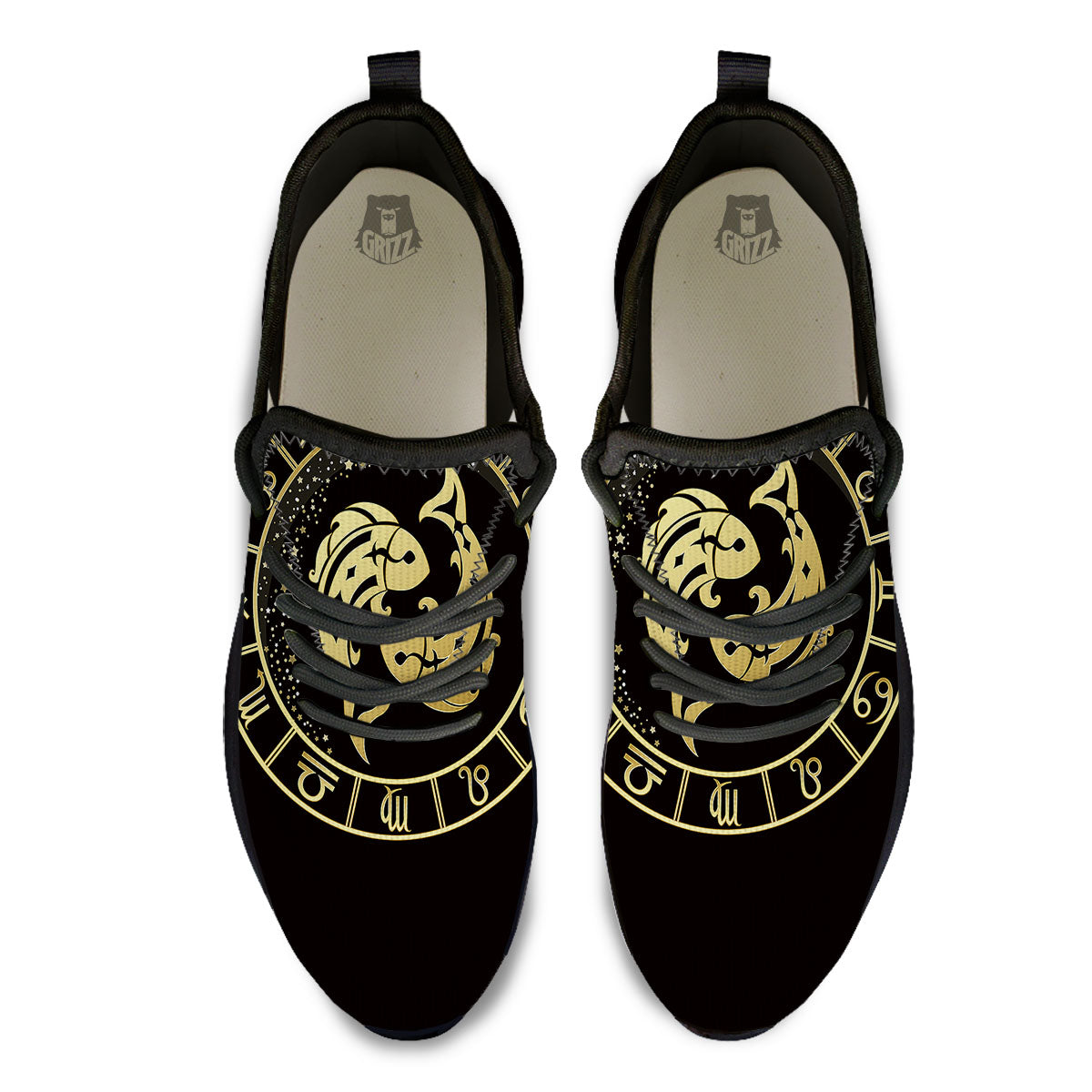 Zodiac Sign Golden Pisces Print Black Athletic Shoes-grizzshop