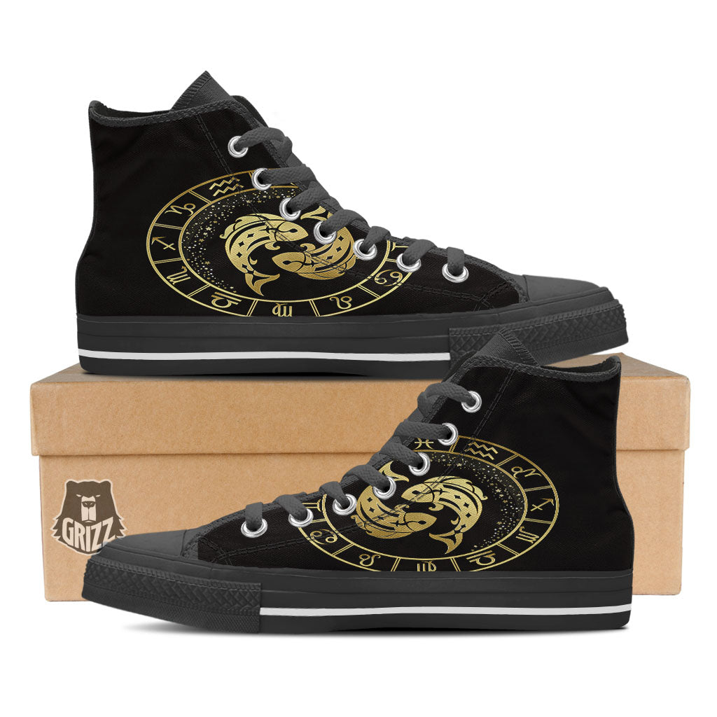 Zodiac Sign Golden Pisces Print Black High Top Shoes-grizzshop