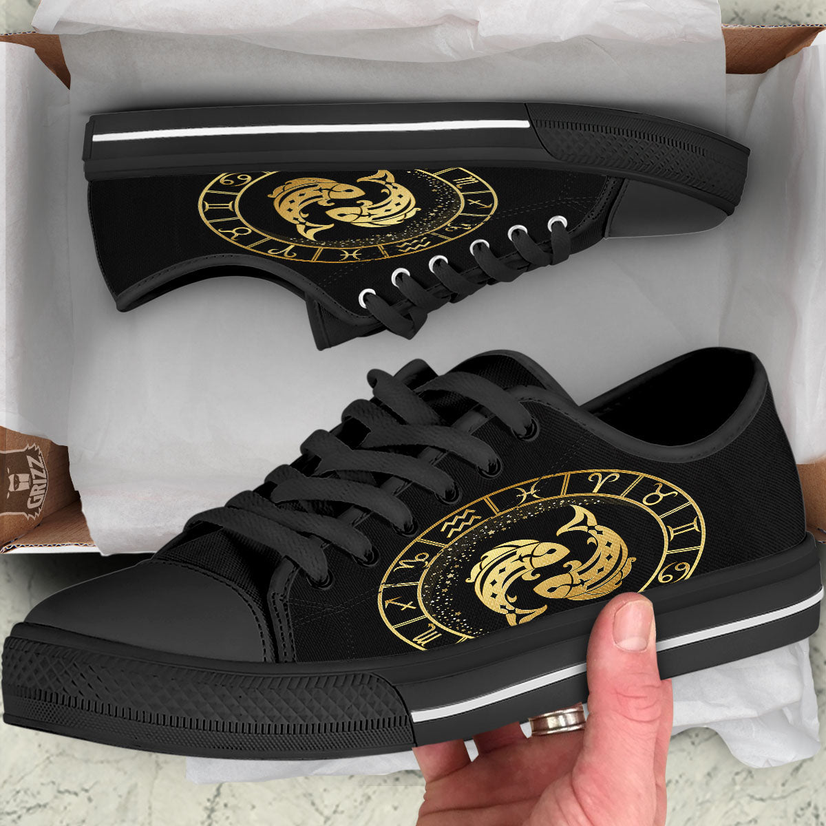 Zodiac Sign Golden Pisces Print Black Low Top Shoes-grizzshop