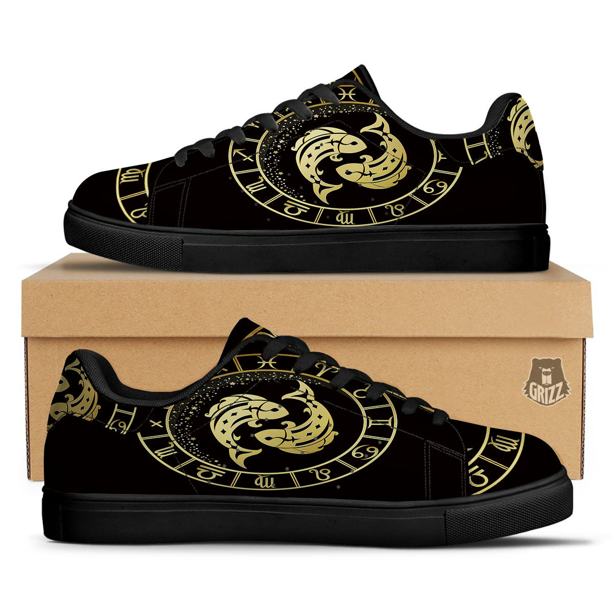 Zodiac Sign Golden Pisces Print Black Low Top Sneakers-grizzshop