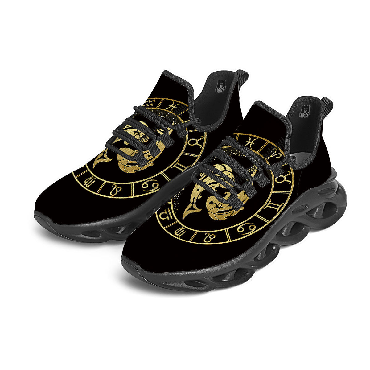 Zodiac Sign Golden Pisces Print Black Running Shoes-grizzshop