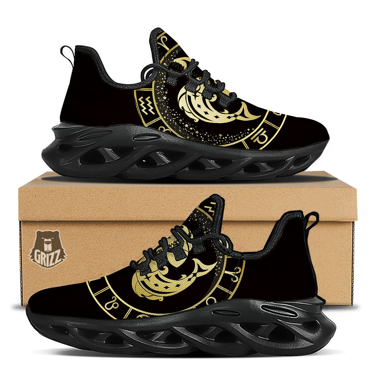 Zodiac Sign Golden Pisces Print Black Running Shoes-grizzshop