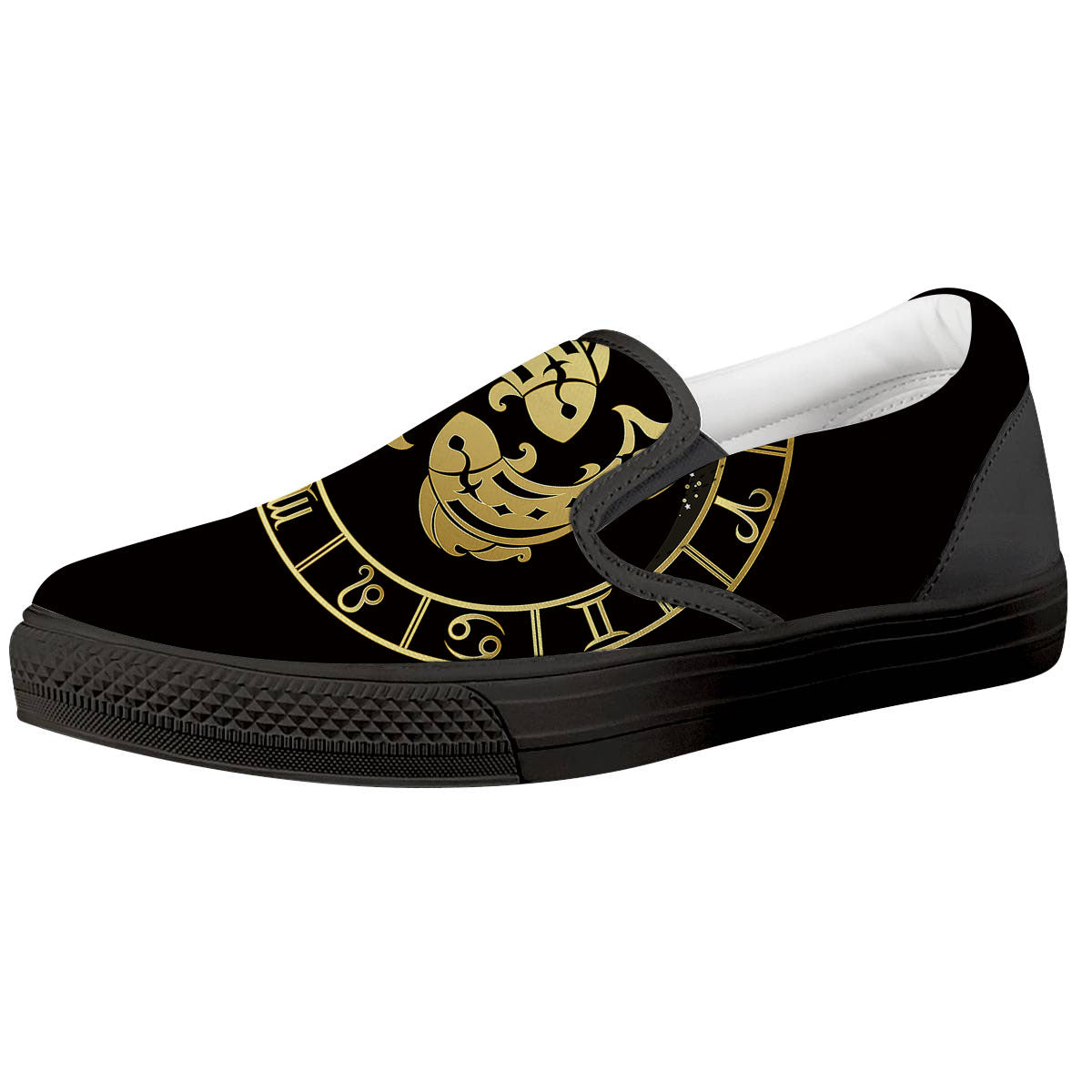 Zodiac Sign Golden Pisces Print Black Slip On Shoes-grizzshop