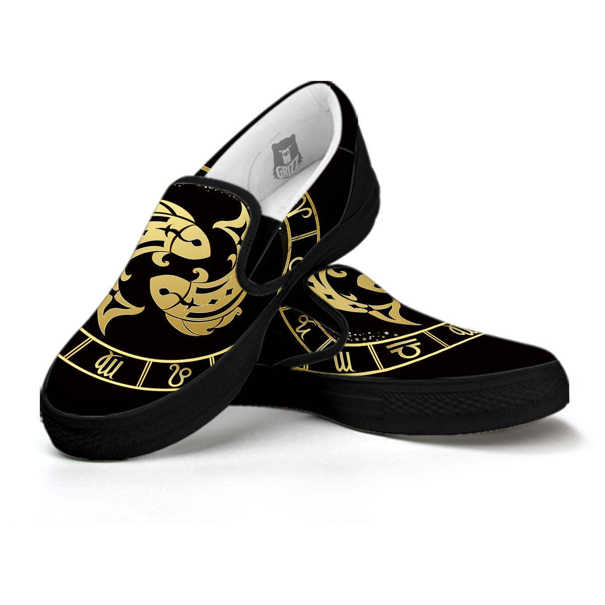 Zodiac Sign Golden Pisces Print Black Slip On Shoes-grizzshop
