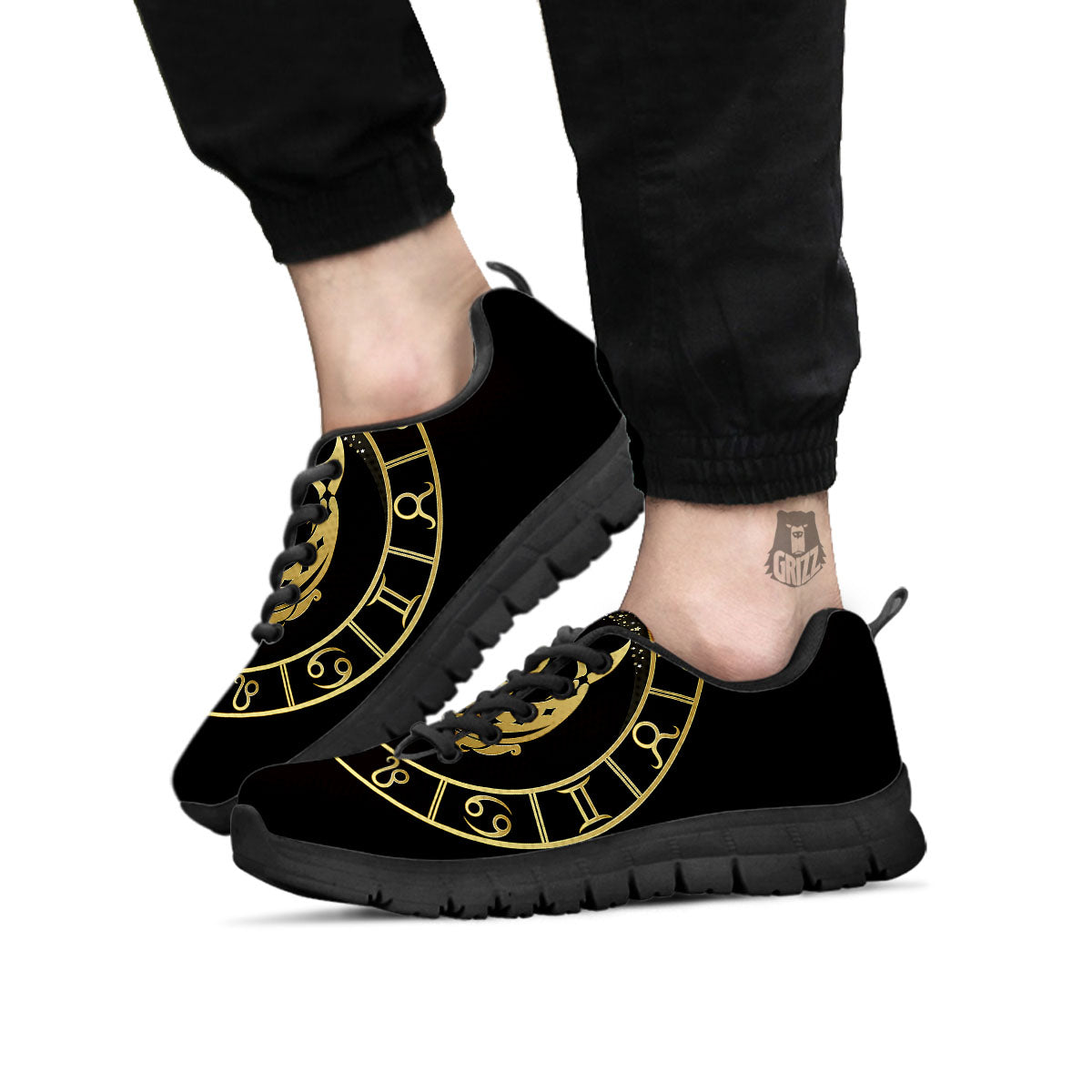 Zodiac Sign Golden Pisces Print Black Sneaker-grizzshop