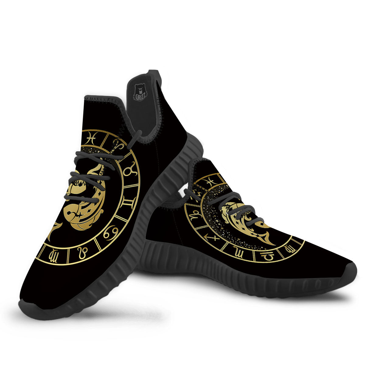 Zodiac Sign Golden Pisces Print Black Walking Shoes-grizzshop