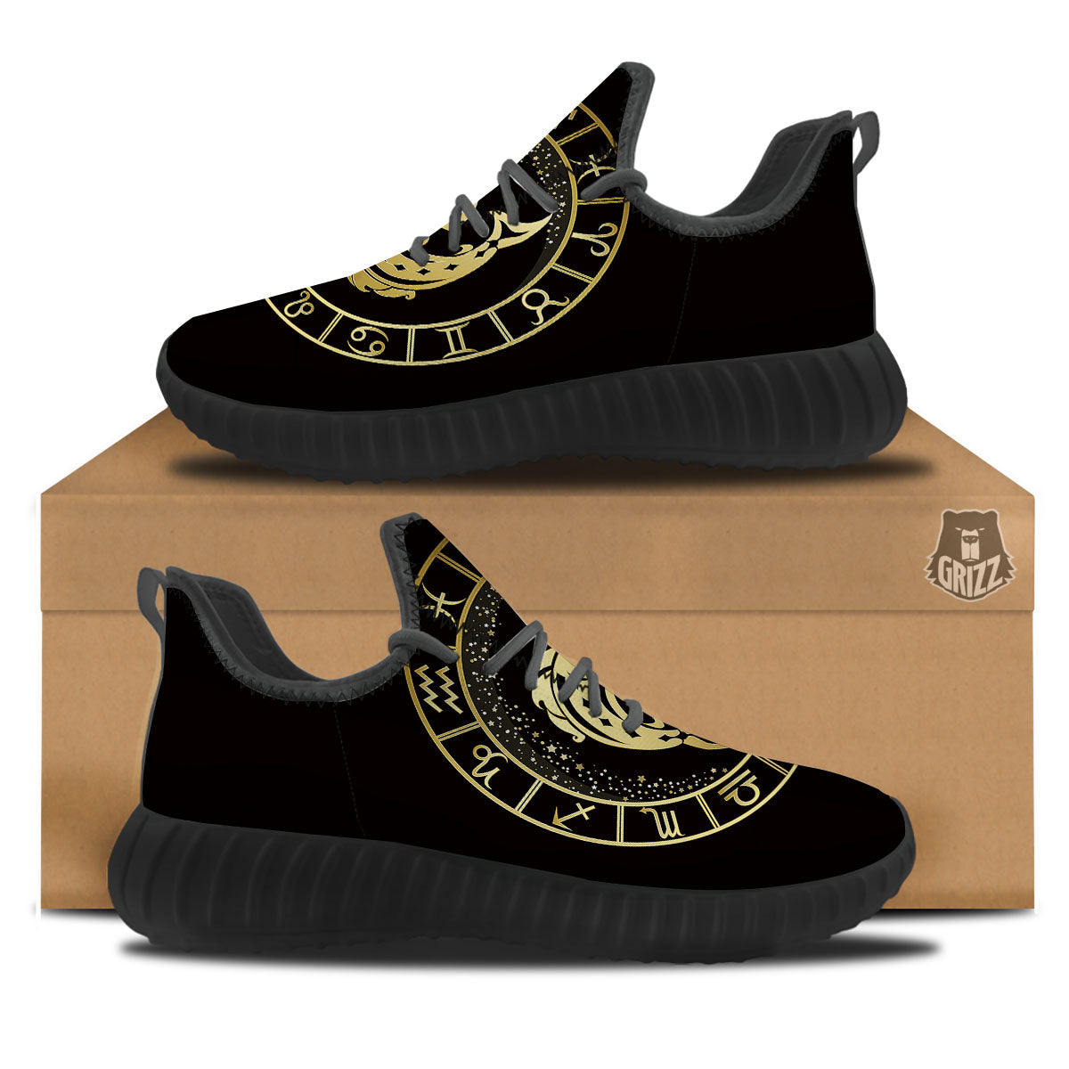Zodiac Sign Golden Pisces Print Black Walking Shoes-grizzshop