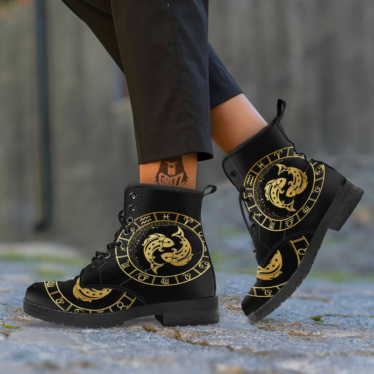 Zodiac Sign Golden Pisces Print Leather Boots-grizzshop