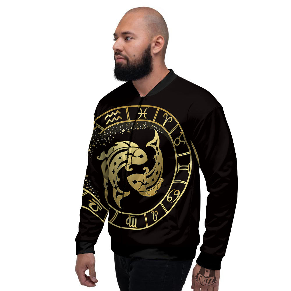 Zodiac Sign Golden Pisces Print Men's Bomber Jacket-grizzshop