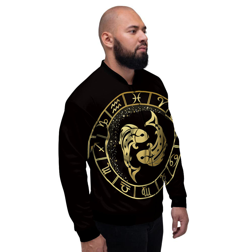 Zodiac Sign Golden Pisces Print Men's Bomber Jacket-grizzshop