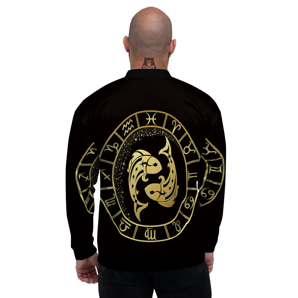 Zodiac Sign Golden Pisces Print Men's Bomber Jacket-grizzshop