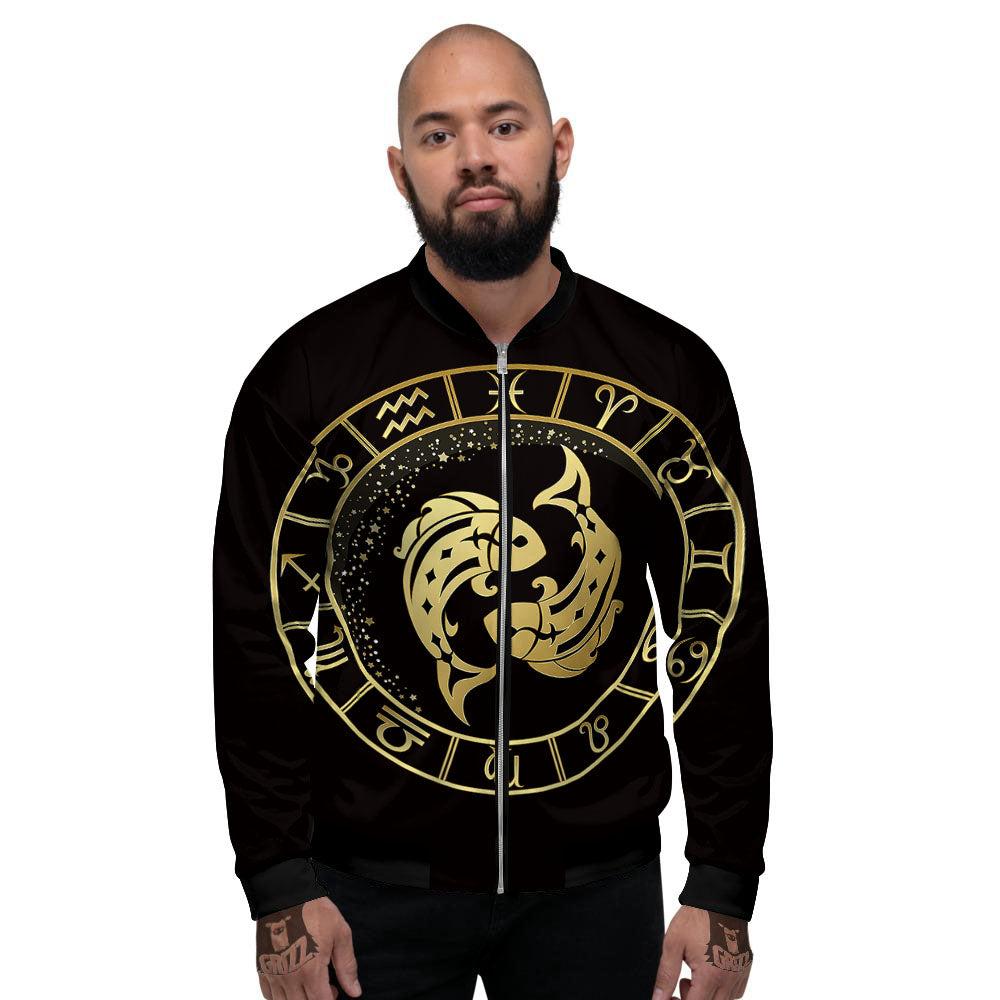 Zodiac Sign Golden Pisces Print Men's Bomber Jacket-grizzshop