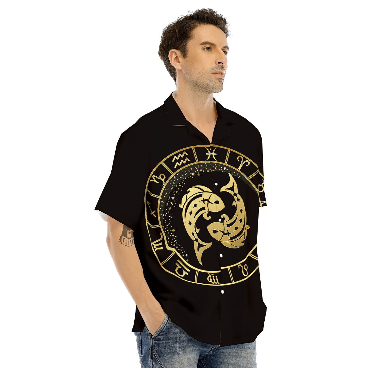 Zodiac Sign Golden Pisces Print Men's Hawaiian Shirt-grizzshop