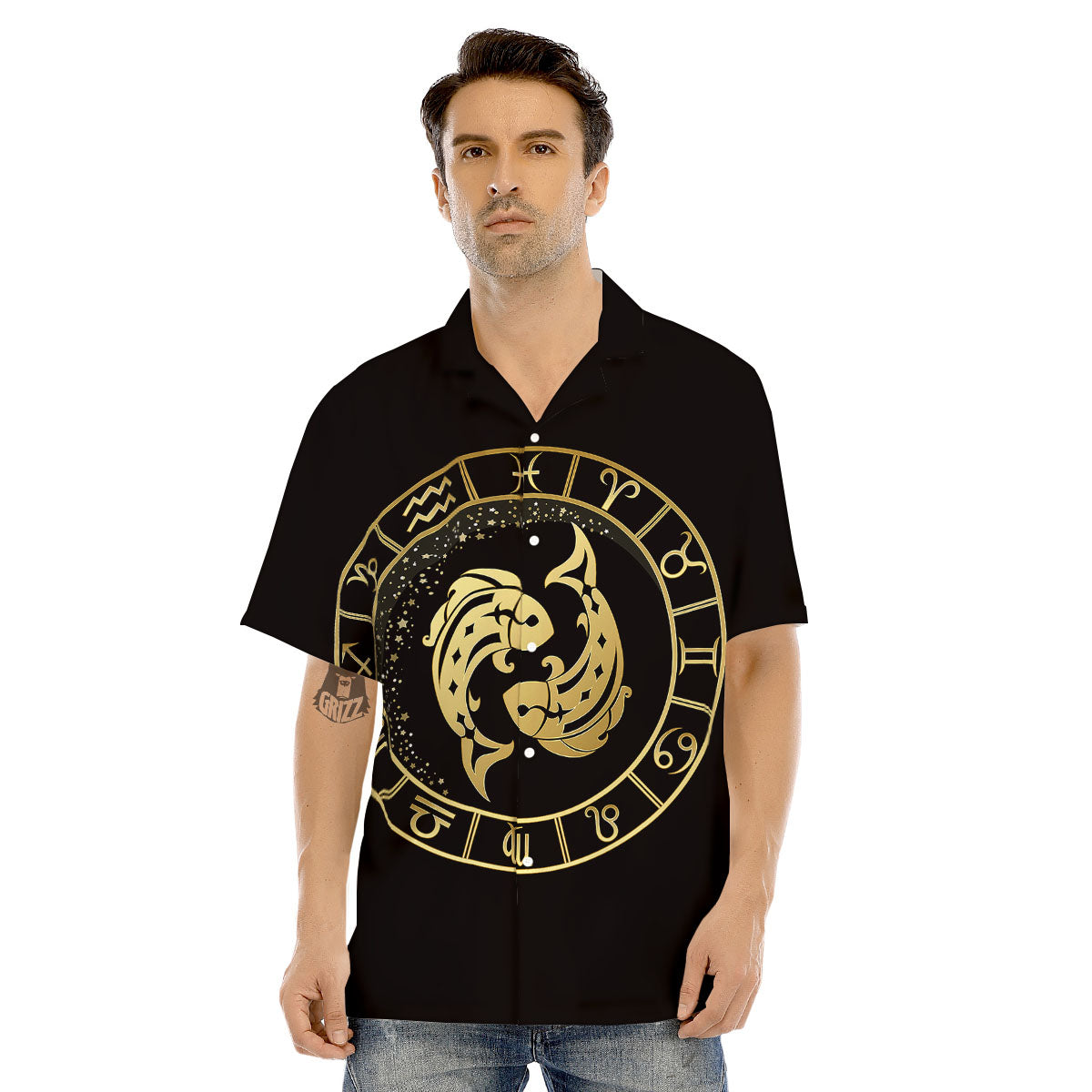 Zodiac Sign Golden Pisces Print Men's Hawaiian Shirt-grizzshop