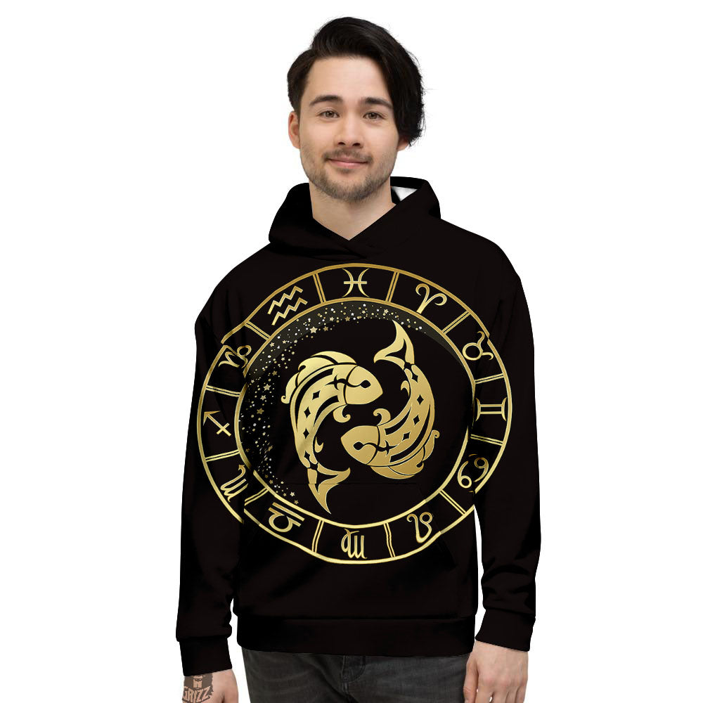 Zodiac Sign Golden Pisces Print Men's Hoodie-grizzshop