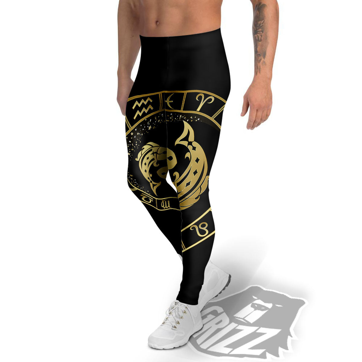 Zodiac Sign Golden Pisces Print Men's Leggings-grizzshop